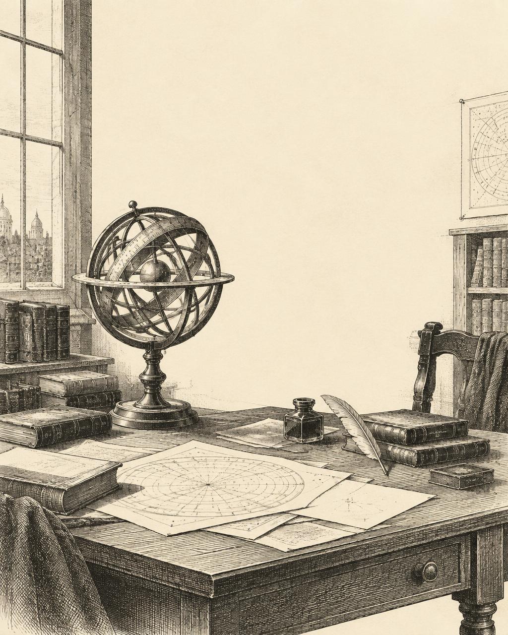 Grabado clásico de un escritorio con una esfera armilar, libros y papeles